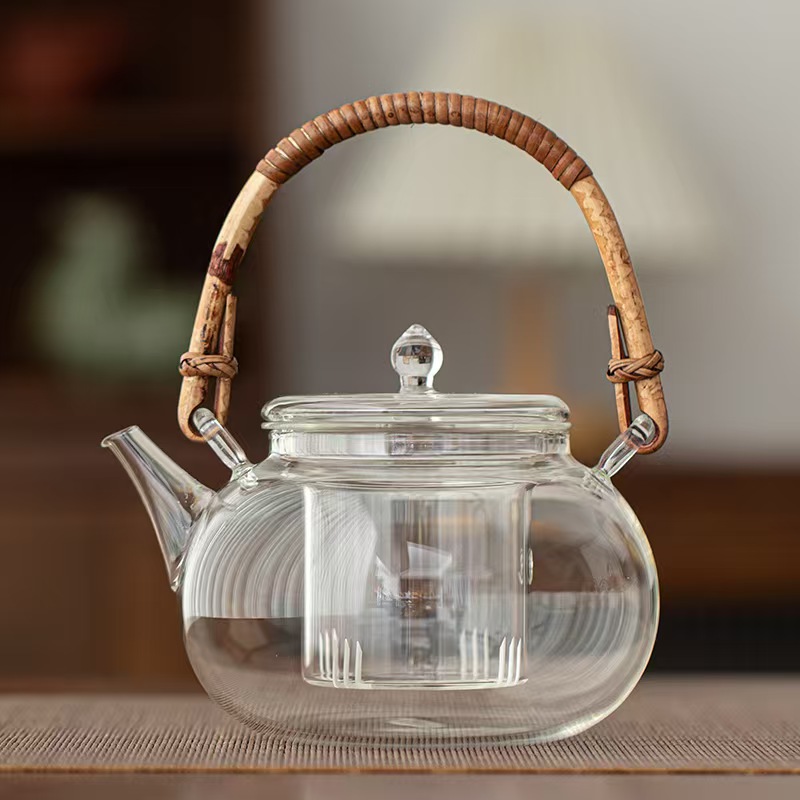 Pot à poignée en verre et rotin de bambou de grande capacité