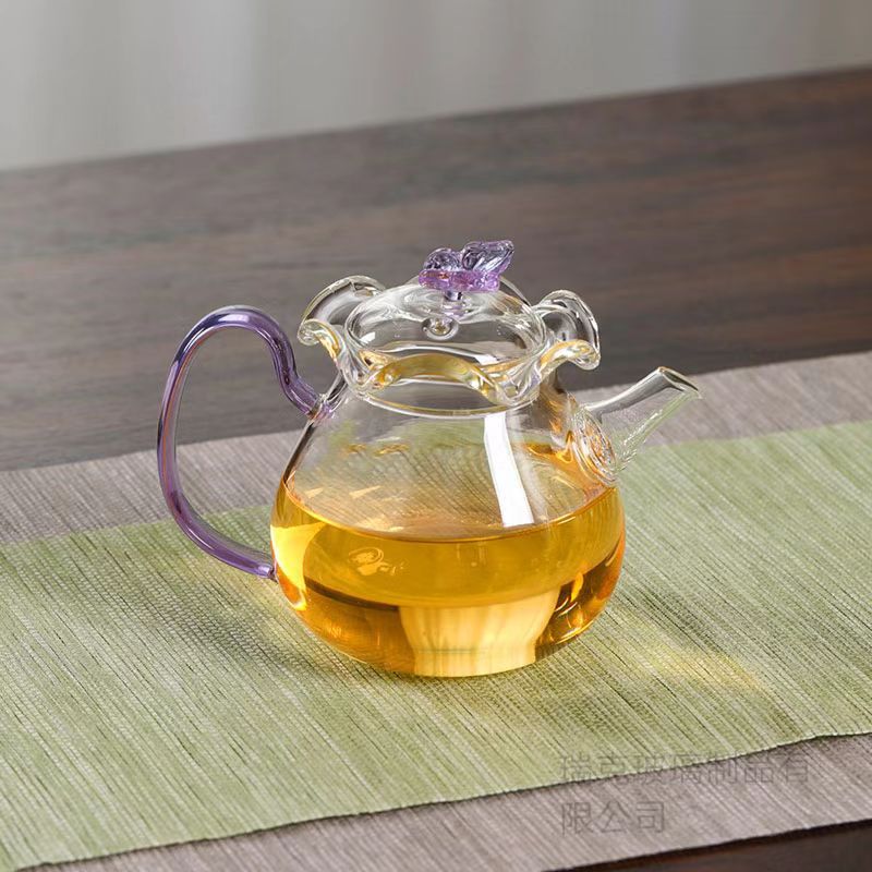 Nouvelle théière à fleurs papillon en verre à haute teneur en borosilicate