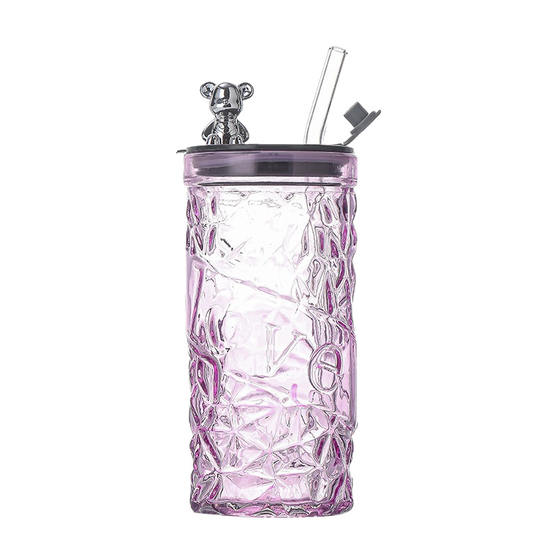 Tasse à eau en verre portable avec couvercle ours et paille