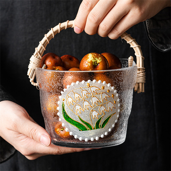 Assiette à fruits en verre portable en rotin